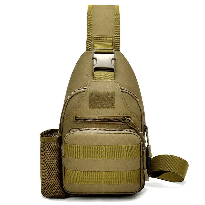 Tactical crossbody sling backpack. Has water bottle holder, MOLLE system, USB charging port. Ideal for travel and walks. Cp Camo