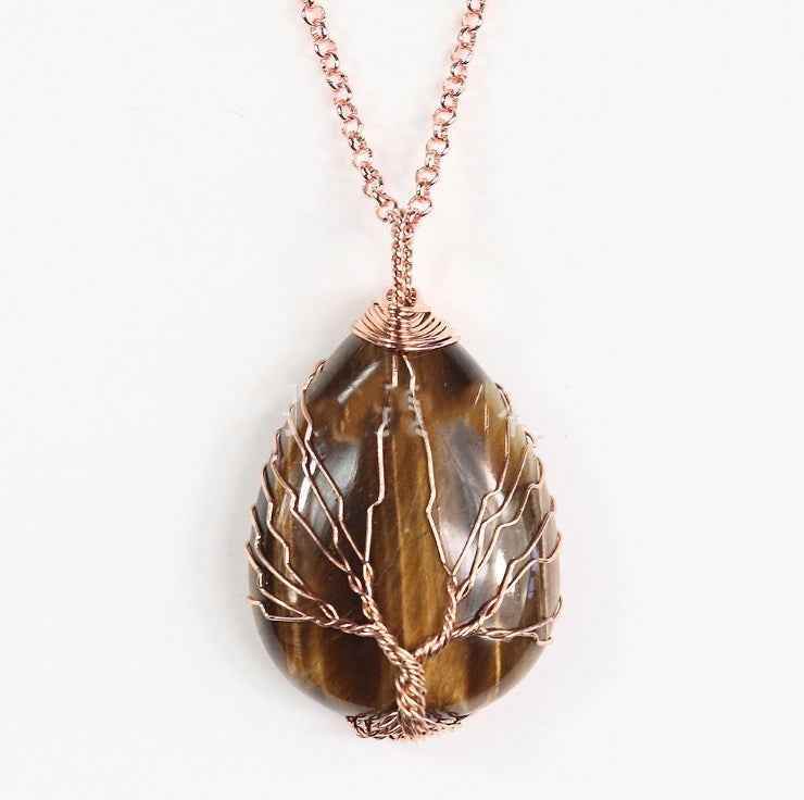 Natural Quartz Opal Stone Pendants Handmade Rose Gold Color Handmade Tree of Life Wrapped Drop Shaped Crystal Pendant Necklace 993099891022 Print Material