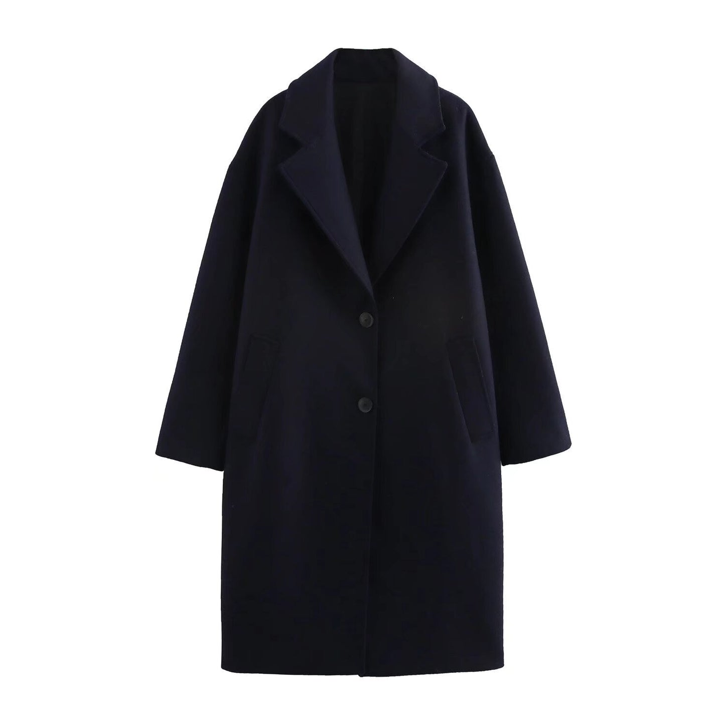 Flip collar long woolen coat jacket