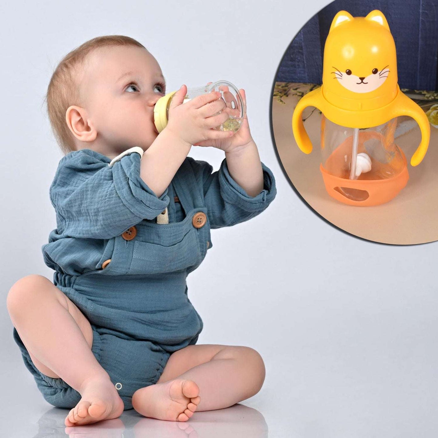 Glass Baby Feeding Bottle With Handles  Straw (300 Ml  1 Pc) - BOSS MANGO