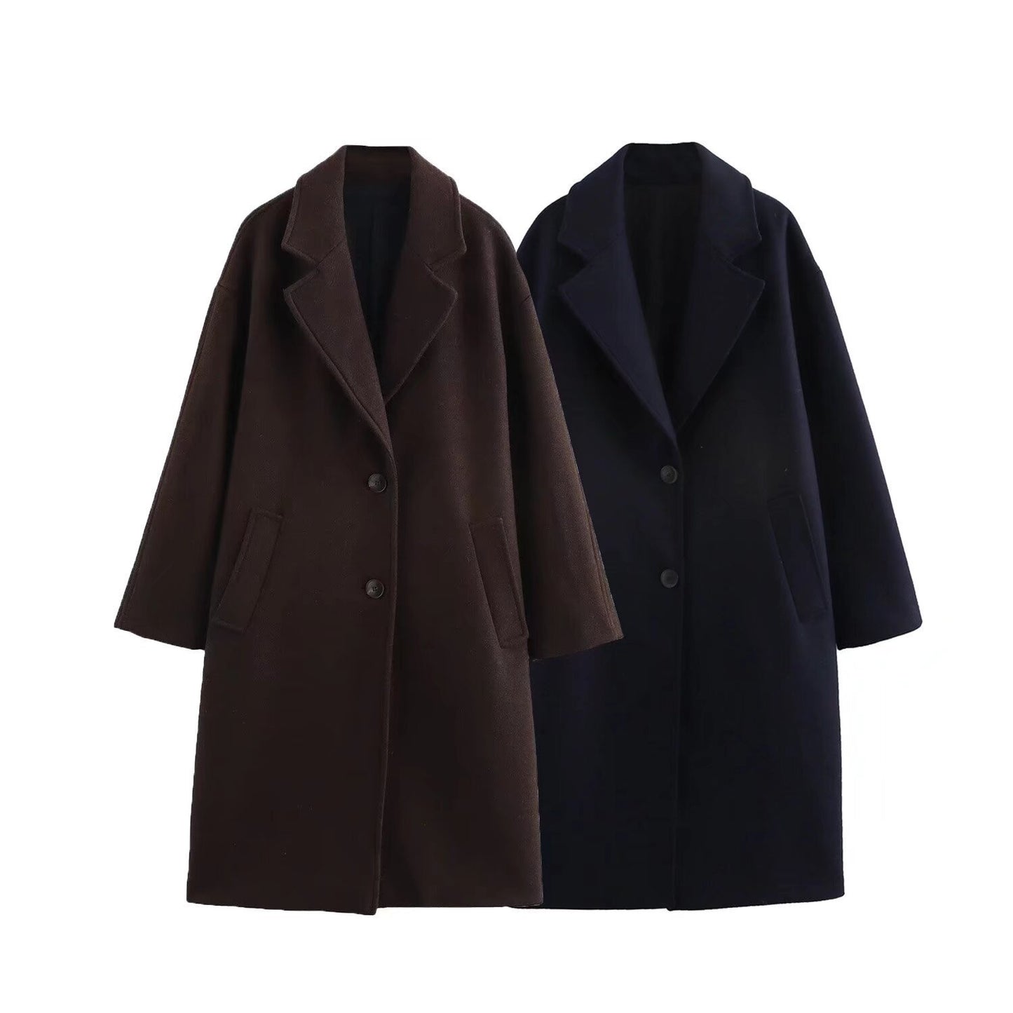 Flip collar long woolen coat jacket