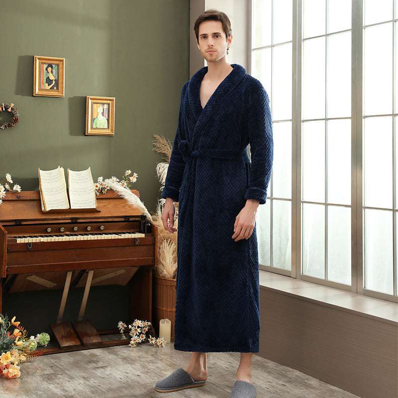 Autumn and winter extended thick couple bathrobe flannel waist cinched nightgown women's long sleepwear men's home clothes - BOSS MANGO