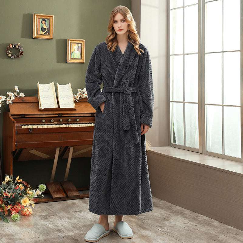 Autumn and winter extended thick couple bathrobe flannel waist cinched nightgown women's long sleepwear men's home clothes - BOSS MANGO