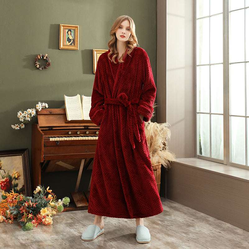 Autumn and winter extended thick couple bathrobe flannel waist cinched nightgown women's long sleepwear men's home clothes - BOSS MANGO