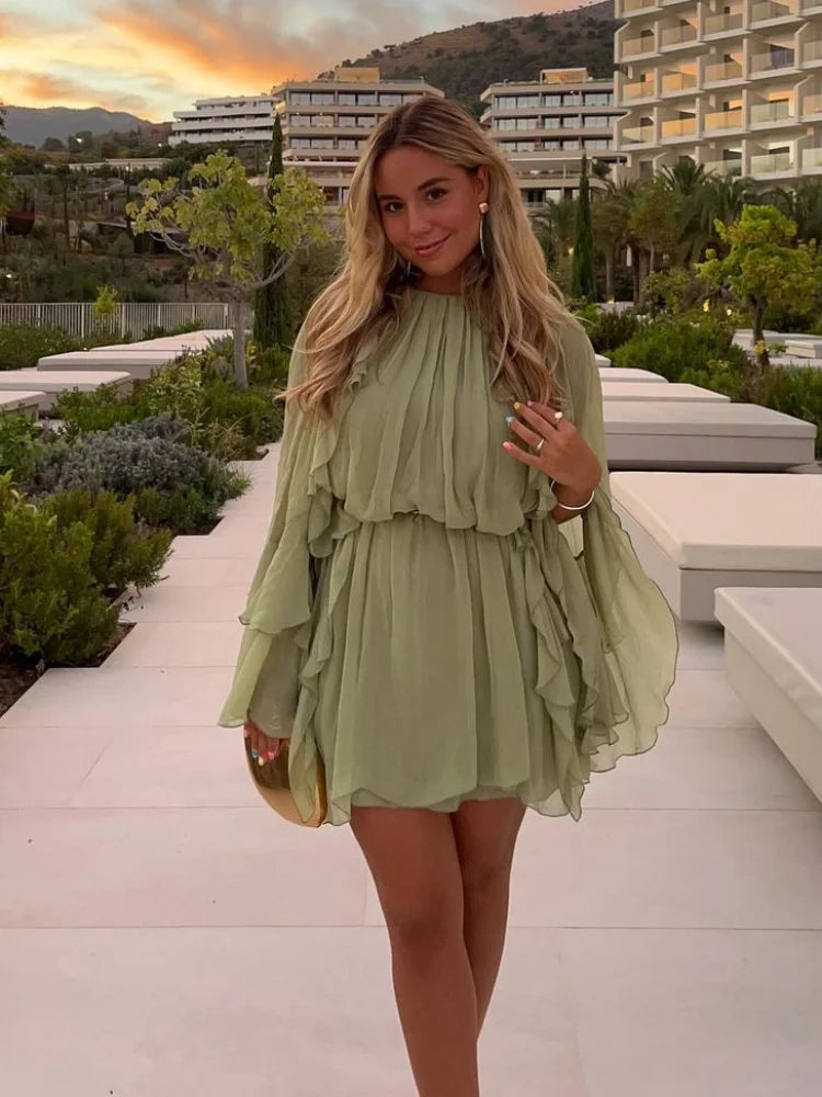 Elegant Green Ruffles Mini Dress For Women