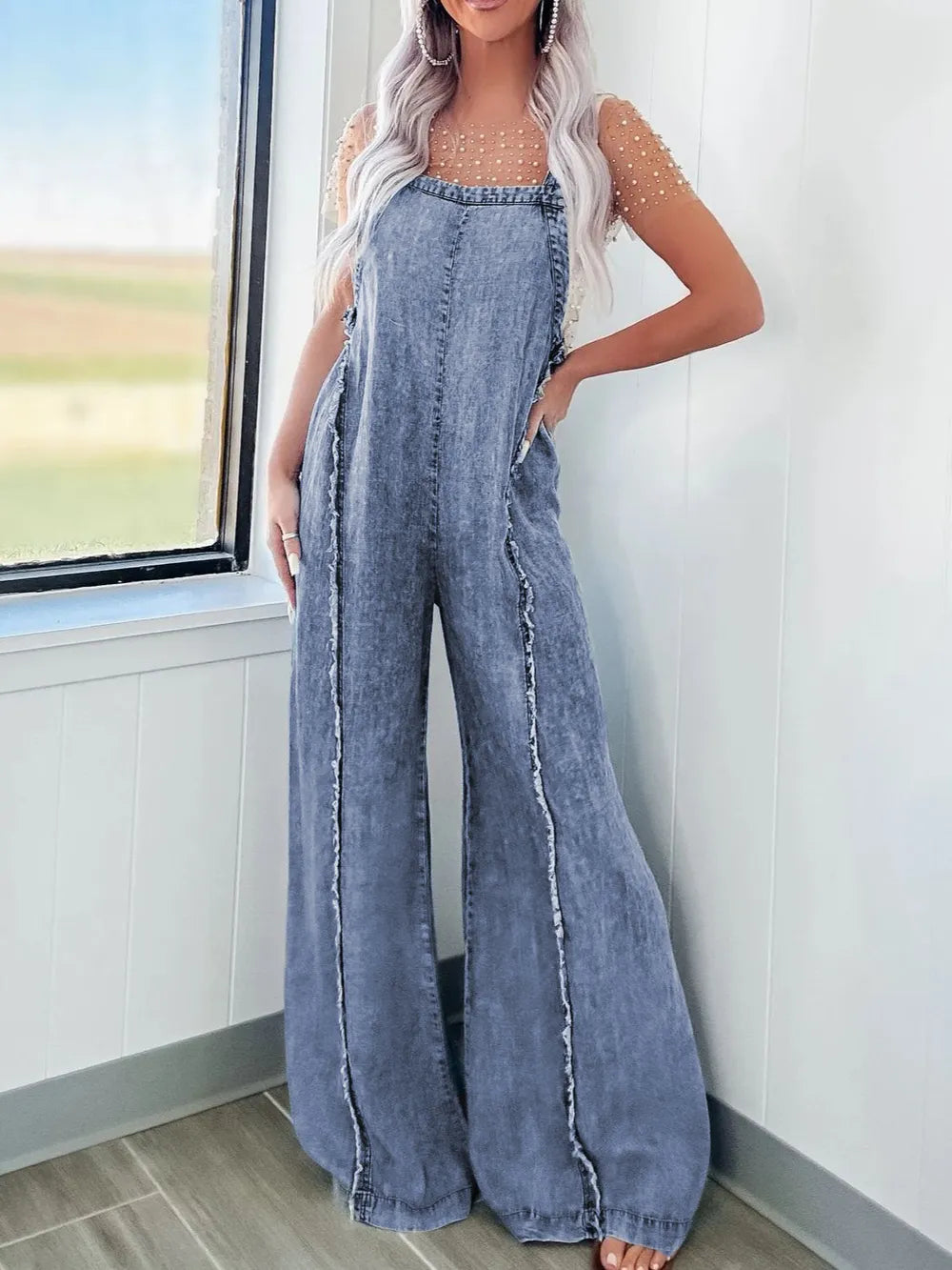 BOSS MANGO - Exposed Seam Washed Wide Leg Denim Overalls