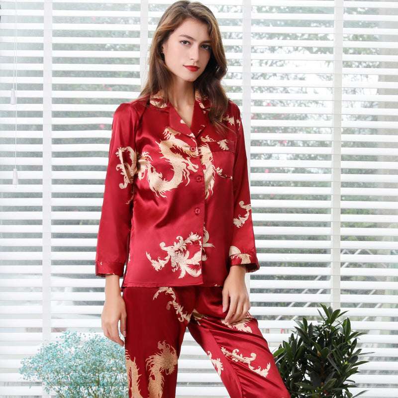 Simulated silk couple sleepwear new long sleeved set men's and women's V-neck silk printed dragon and phoenix home clothes