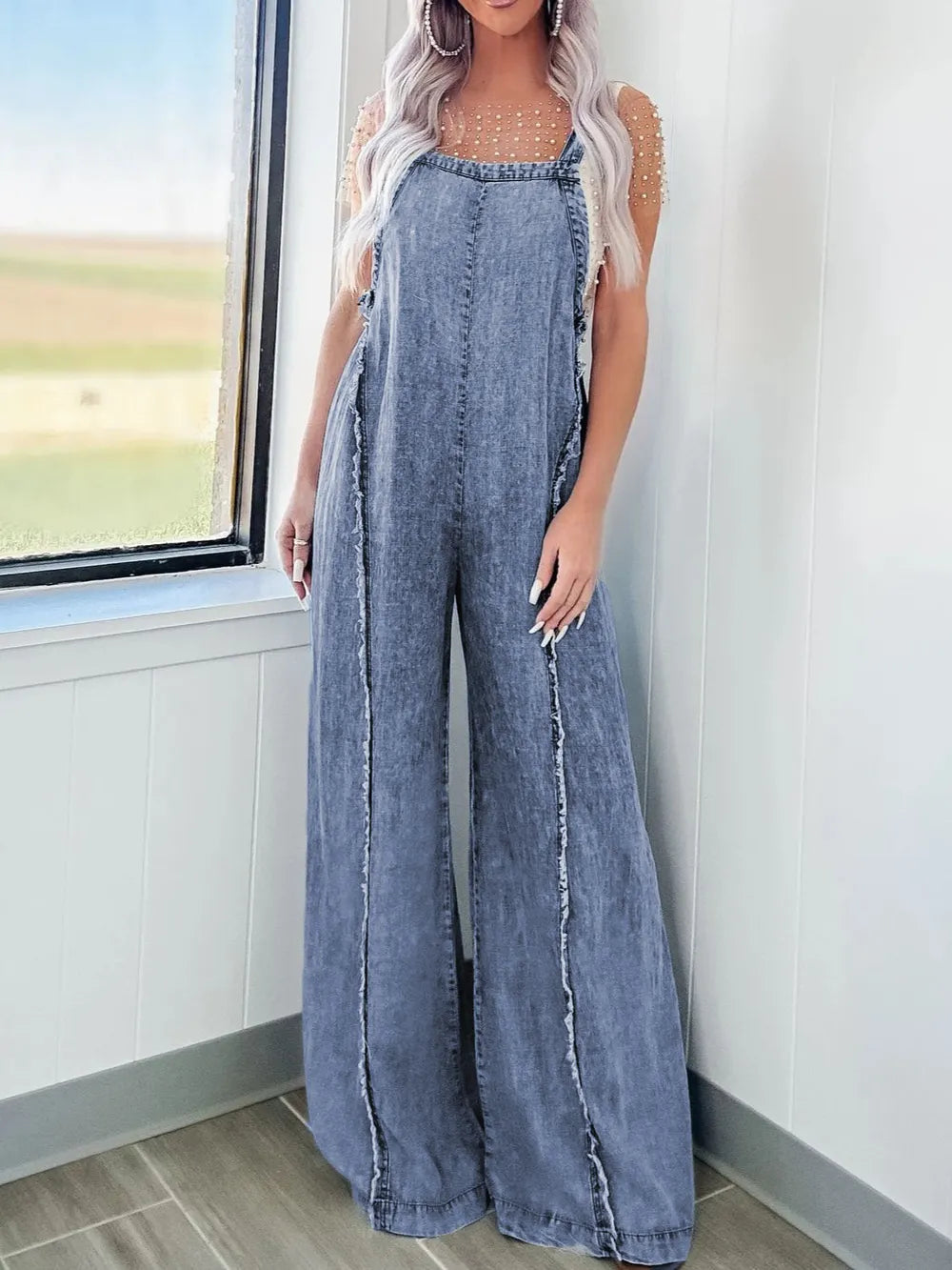 BOSS MANGO - Exposed Seam Washed Wide Leg Denim Overalls