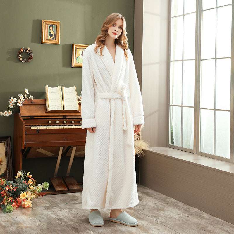 Autumn and winter extended thick couple bathrobe flannel waist cinched nightgown women's long sleepwear men's home clothes - BOSS MANGO