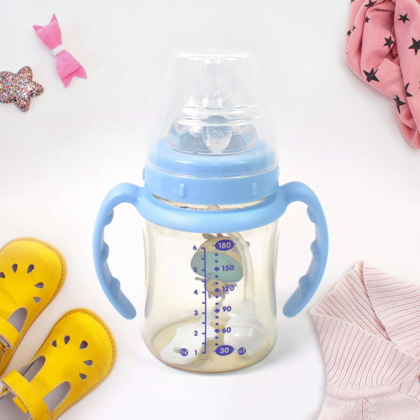 Plastic Baby Feeding Bottle With Handles Cleaning Brush  Straw (180 Ml  1 Pc) - BOSS MANGO