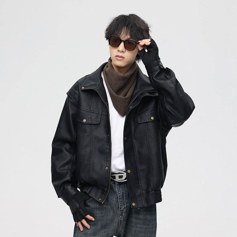 Black Soft Leather Men's Fashion Casual Polo Collar Jacket 👕✨ O1CN01VciuVe1amswG9dYau__2216744203373-0-cib