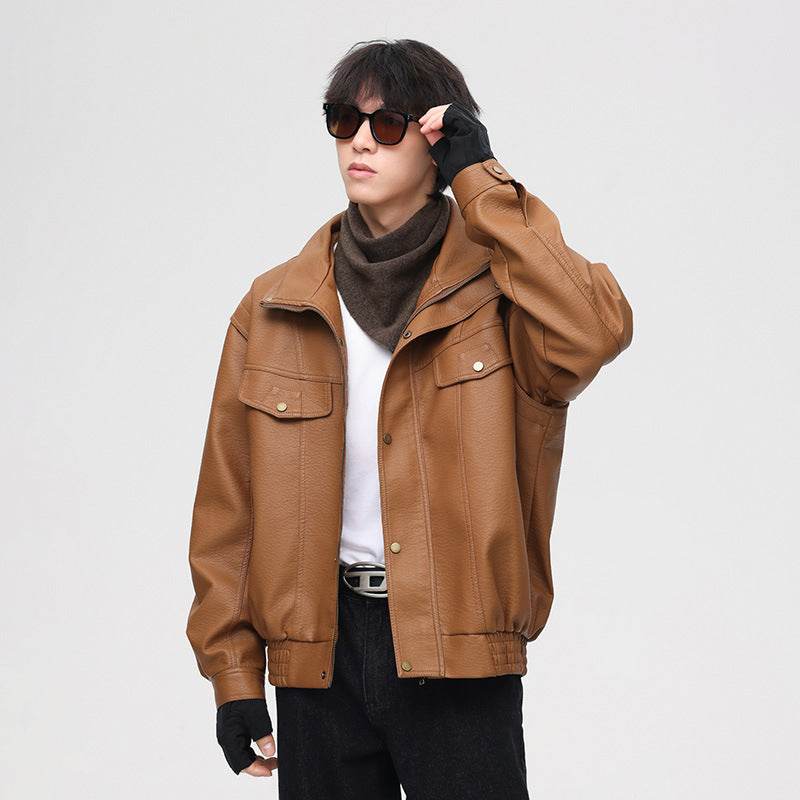 Khaki Soft Leather Men's Fashion Casual Polo Collar Jacket 👕✨ O1CN01pWoQwl1amsw8AaUNX__2216744203373-0-cib