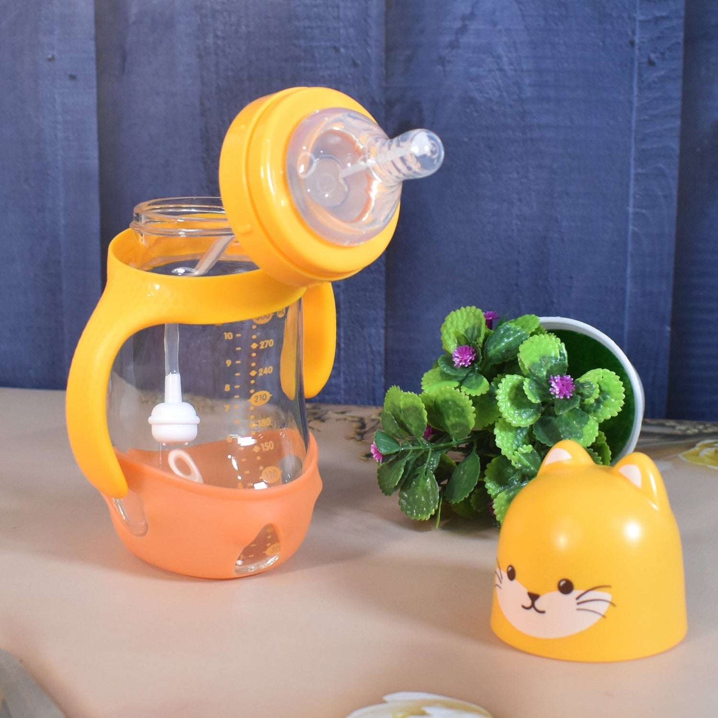 Glass Baby Feeding Bottle With Handles  Straw (300 Ml  1 Pc) - BOSS MANGO