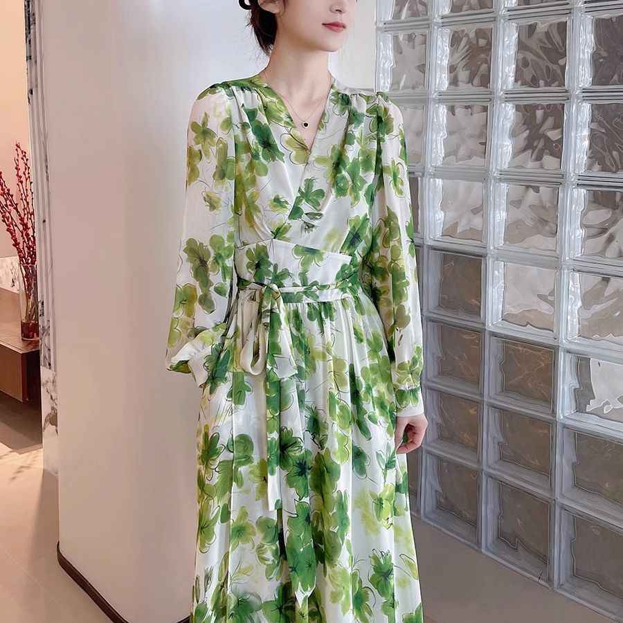 Plus Size French Spring And Autumn Green Shivering V-neck Long Sleeve Waist Slimming Women's Elegant Dress