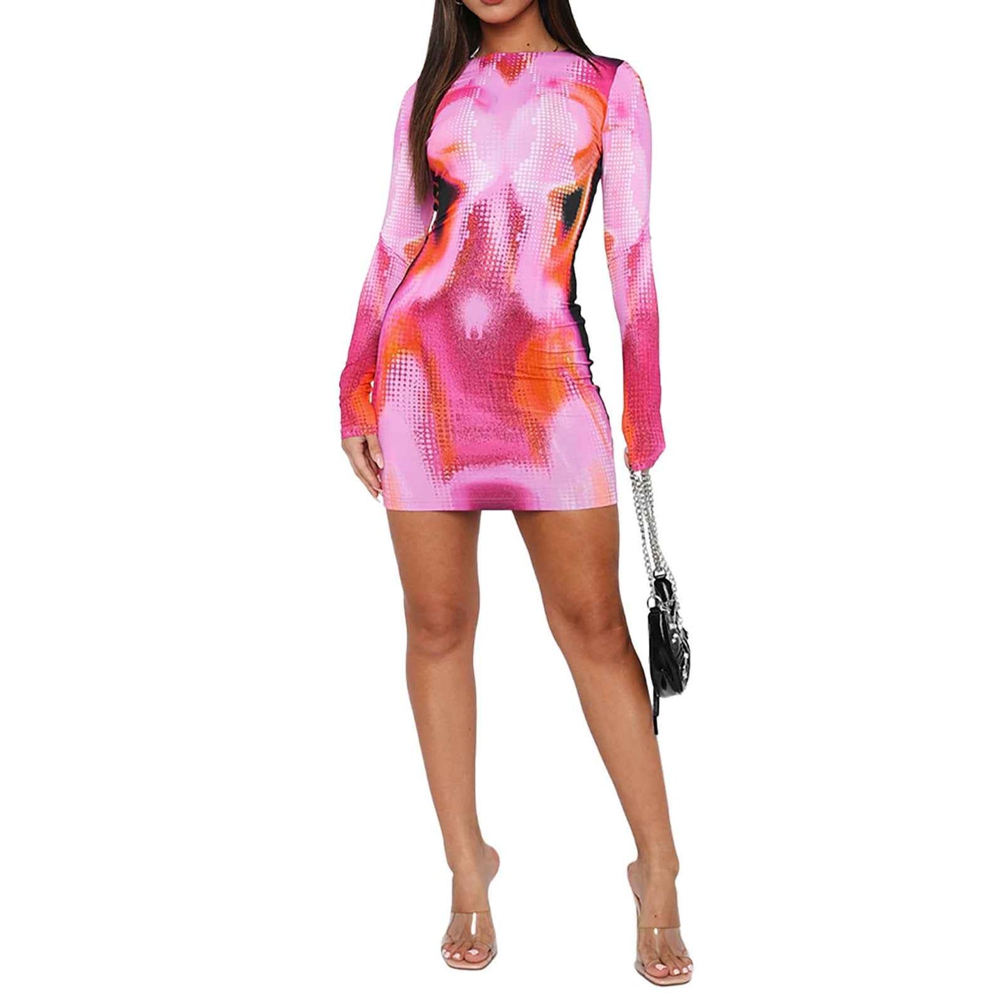 Fashion Printed Line Slim Fit Round Neck Long Sleeves Dress