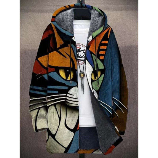 Men's Coat Winter Print Plush Lining Thick Windproof Jacket Long Sleeve Zipper