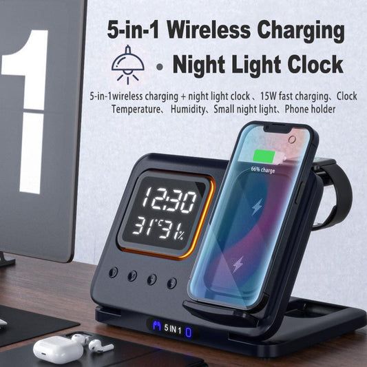 15W Wireless Chargers Stand 5 In1 LED Digital Alarm Clock Fast Charging Dock Station - BOSS MANGO