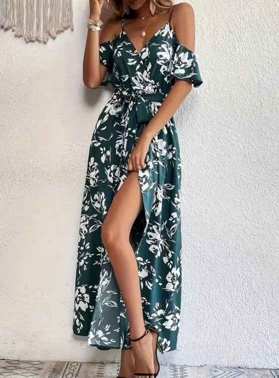 Flower Print Split Suspender Dress With Lace-up Design Summer Fashion Long Dresses Beach Clothing For Women - BOSS MANGO