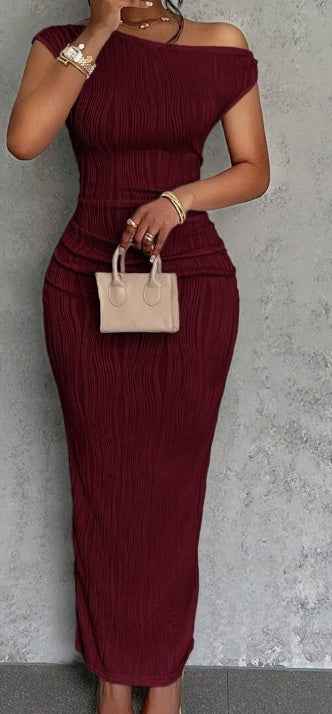 Summer New Elegant Party Daily Date Oblique Shoulder One-Shoulder Off-Shoulder Front Pleated Slim Long Skirt Wavy Texture  White Women's Dress