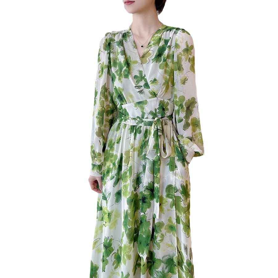 Plus Size French Spring And Autumn Green Shivering V-neck Long Sleeve Waist Slimming Women's Elegant Dress