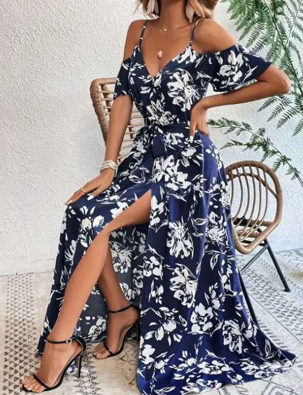 Flower Print Split Suspender Dress With Lace-up Design Summer Fashion Long Dresses Beach Clothing For Women - BOSS MANGO