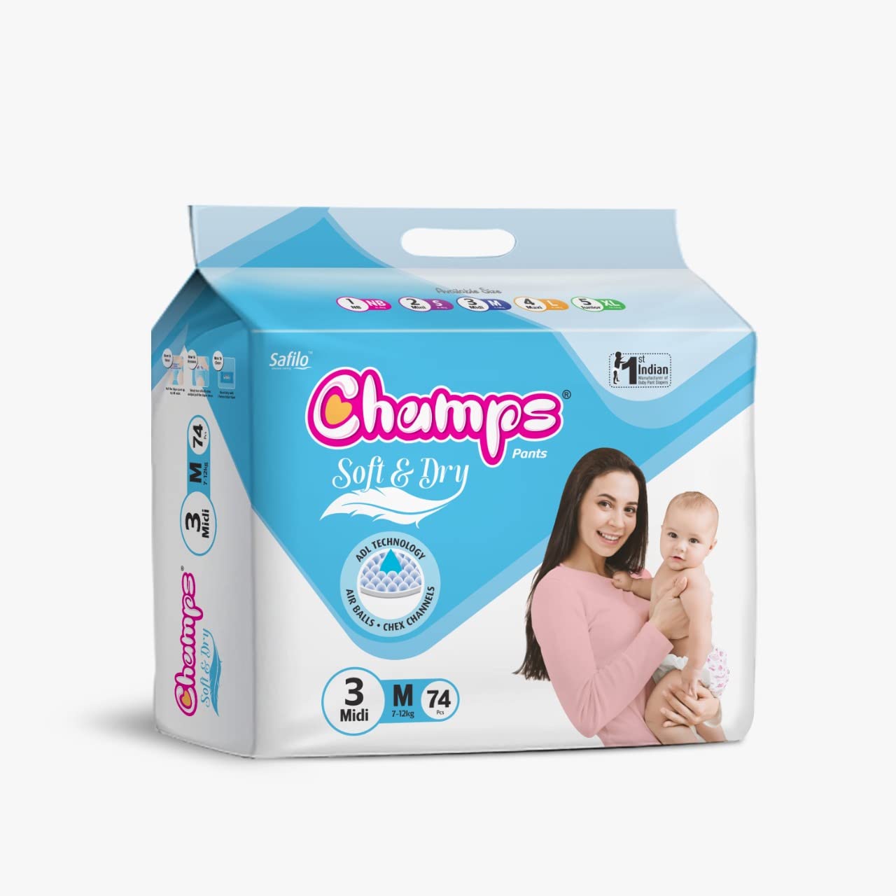 0959 Champs Soft And Dry Baby Diaper Pants 74 Pcs (Medium Size  M74) - BOSS MANGO